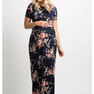 Pinkblush Navy Blue Rose Print Short Sleeve Maternity Maxi Dress